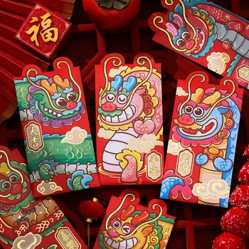 6PCS Čínsky Nový Rok Červené Obálky 2024 Dragon Šťastie, Peniaze Vrecka Obálku Zverokruhu Drak Červený Vreckový Nový Rok Dodávky Hongbao Obrázok