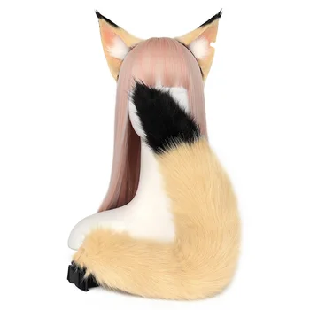 Kawaii Chlpaté Fox Chvosty 55 cm Žltá Zvierat Uši pokrývku hlavy Anime Hry Cosplay Pet Rekvizity Dospelých Zamaskovať Kostým Príslušenstvo Obrázok