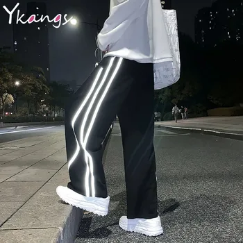 Reflexná Bežné Neforemné Rovné Nohavice Ženy Šnúrkou Harajuku Elastické Vysoký Pás Nohavice Žena Streetwear Vintage Sweatpants Obrázok