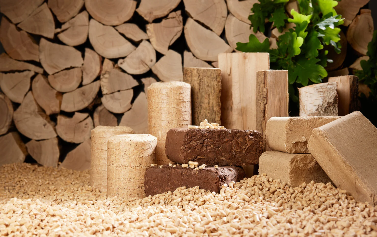 Firewood with biomass briquettes and fuel pellets under sunlight - PeletyBrikety.sk